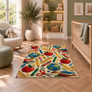 School Supplies Pattern Rug in a nursery with a crib and armchair