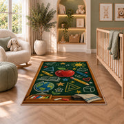 Chalkboard Doodle Rug in a nursery with a crib and armchair