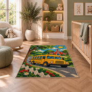 School Bus Rug in a nursery with a crib and armchair