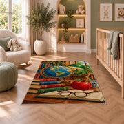 Vintage Globe Teacher Rug in a nursery with a crib and armchair