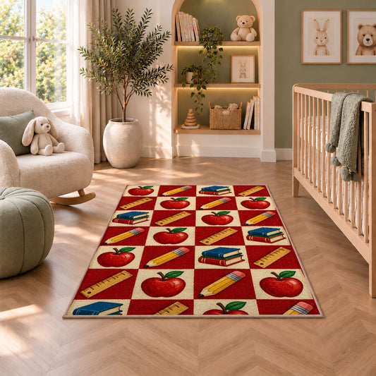 Apple Checkered Rug in a nursery with a crib and armchair