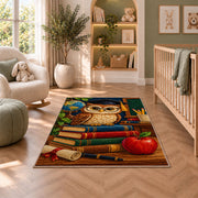 Wise Owl Teacher Rug in a nursery with a crib and armchair