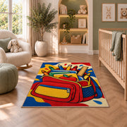 Backpack School Rug in a nursery with a crib and armchair