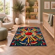 School Supplies Mandala Rug in a nursery with a crib and armchair