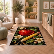 Apple and Pencil Rug in a nursery with a crib and armchair