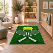 Tennis Rackets and Ball Rug in a nursery with a crib and armchair