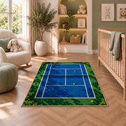 Tennis Court Rug in a nursery with a crib and armchair