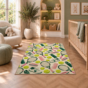 Tennis Pattern Rug in a nursery with a crib and armchair