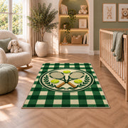 Tennis Club Rug in a nursery with a crib and armchair