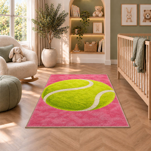 Giant Tennis Ball Rug in a nursery with a crib and armchair
