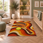 Retro Tennis Rug in a nursery with a crib and armchair