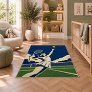 Tennis Player Serve Rug in a nursery with a crib and armchair