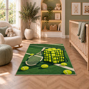 Tennis Ball Basket Rug in a nursery with a crib and armchair