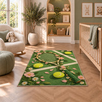 Floral Tennis Racket Rug in a nursery with a crib and armchair