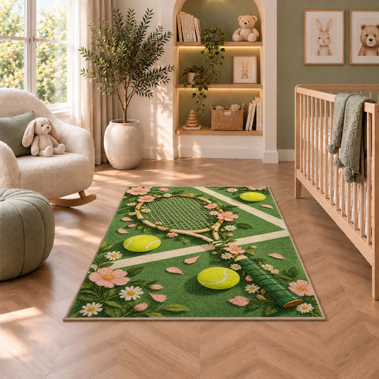 Floral Tennis Racket Rug in a nursery with a crib and armchair