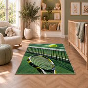 Tennis Net Rug in a nursery with a crib and armchair