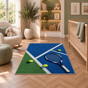 Blue Hard Court Tennis Rug in a nursery with a crib and armchair