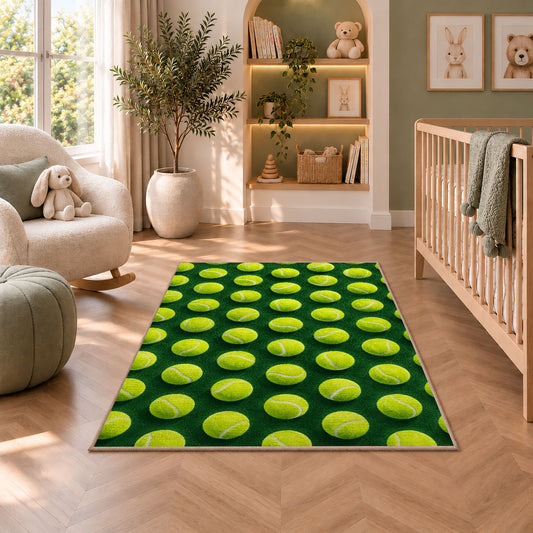 Tennis Ball Pattern Rug in a nursery with a crib and armchair