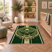 Vintage Tennis Crest Rug in a nursery with a crib and armchair
