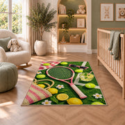 Summer Tennis Rug in a nursery with a crib and armchair