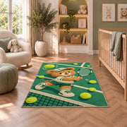 Baby Bear Tennis Rug in a nursery with a crib and armchair