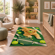 Dog with Tennis Ball Rug in a nursery with a crib and armchair