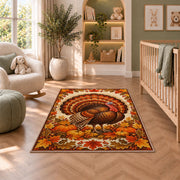 Fall Turkey Rug in a nursery with a crib and armchair