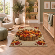 Harvest Basket Pumpkin Rug in a nursery with a crib and armchair