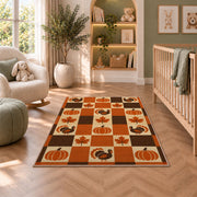 Retro Checkered Thanksgiving Rug in a nursery with a crib and armchair