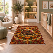 Autumn Wreath Turkey Rug in a nursery with a crib and armchair
