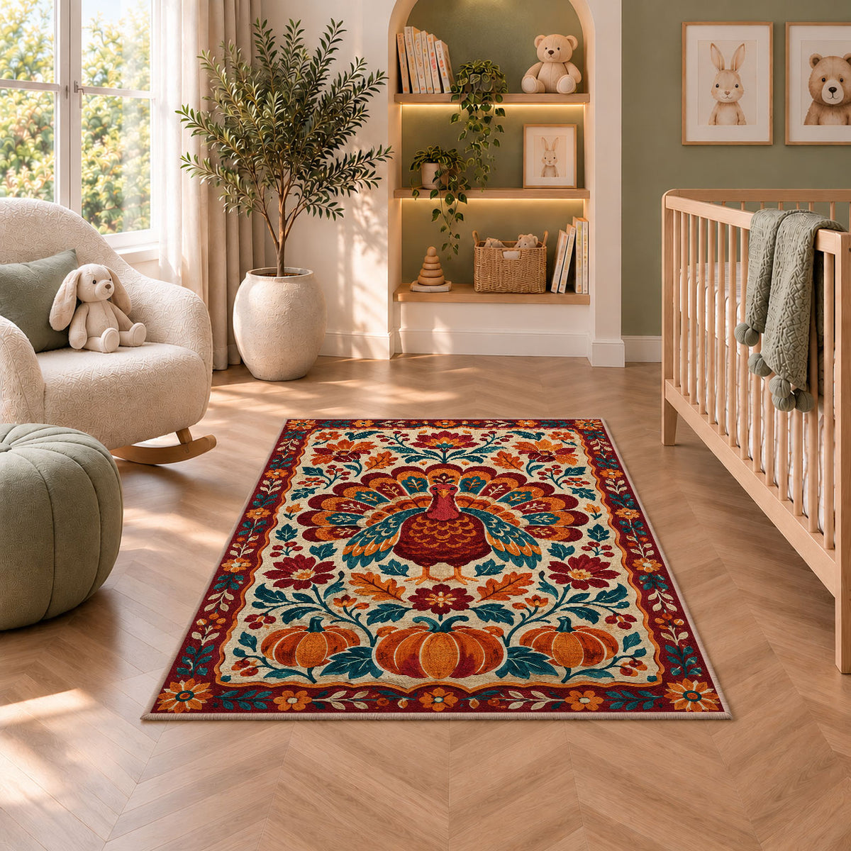 Folk Art Turkey Rug in a nursery with a crib and armchair