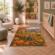 Pumpkin Patch Farm Rug in a nursery with a crib and armchair