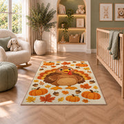 Cute Turkey Kids Rug in a nursery with a crib and armchair