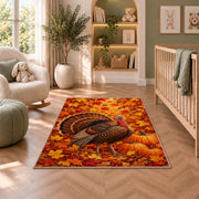 Turkey in Fall Leaves Rug in a nursery with a crib and armchair