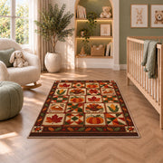 Thanksgiving Patchwork Rug in a nursery with a crib and armchair