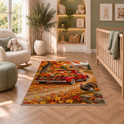 Red Vintage Truck Pumpkin Rug in a nursery with a crib and armchair