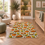 Thanksgiving Food Pattern Rug in a nursery with a crib and armchair