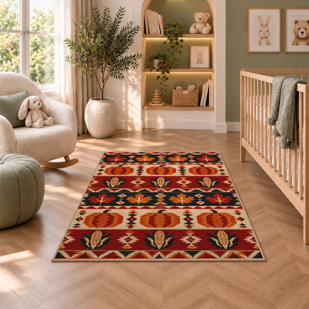 Southwestern Pumpkin Corn Rug in a nursery with a crib and armchair