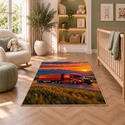 Red semi truck at sunset rug in a nursery with a crib and armchair
