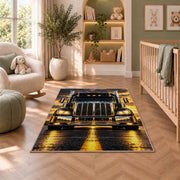 Chrome semi truck front rug in a nursery with a crib and armchair