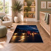 Semi truck convoy at night rug in a nursery with a crib and armchair