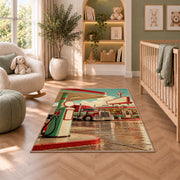 Retro truck stop rug in a nursery with a crib and armchair