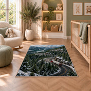 Semi truck on mountain pass rug in a nursery with a crib and armchair