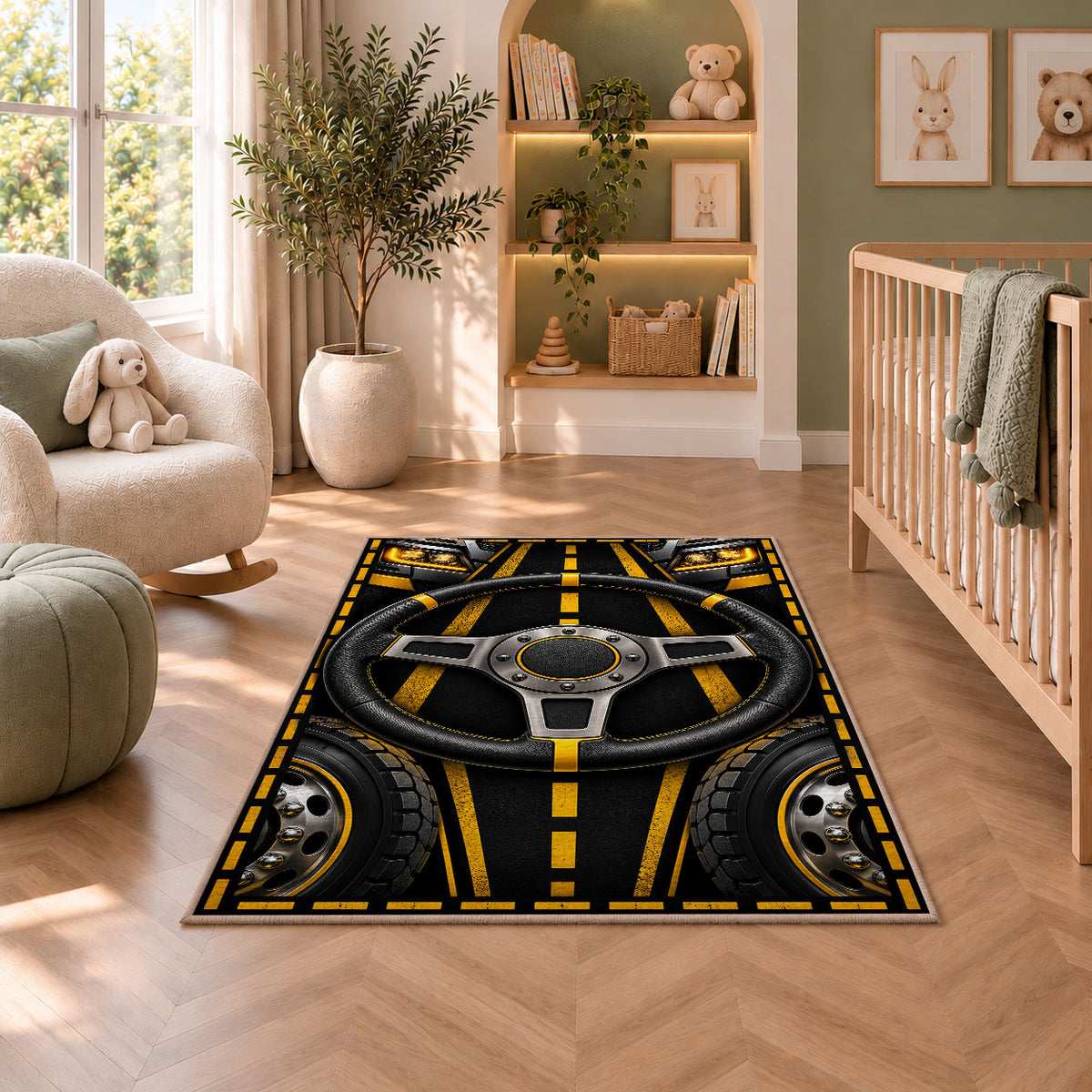 Truck steering wheel rug in a nursery with a crib and armchair