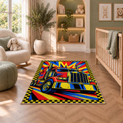 Pop art semi truck rug in a nursery with a crib and armchair