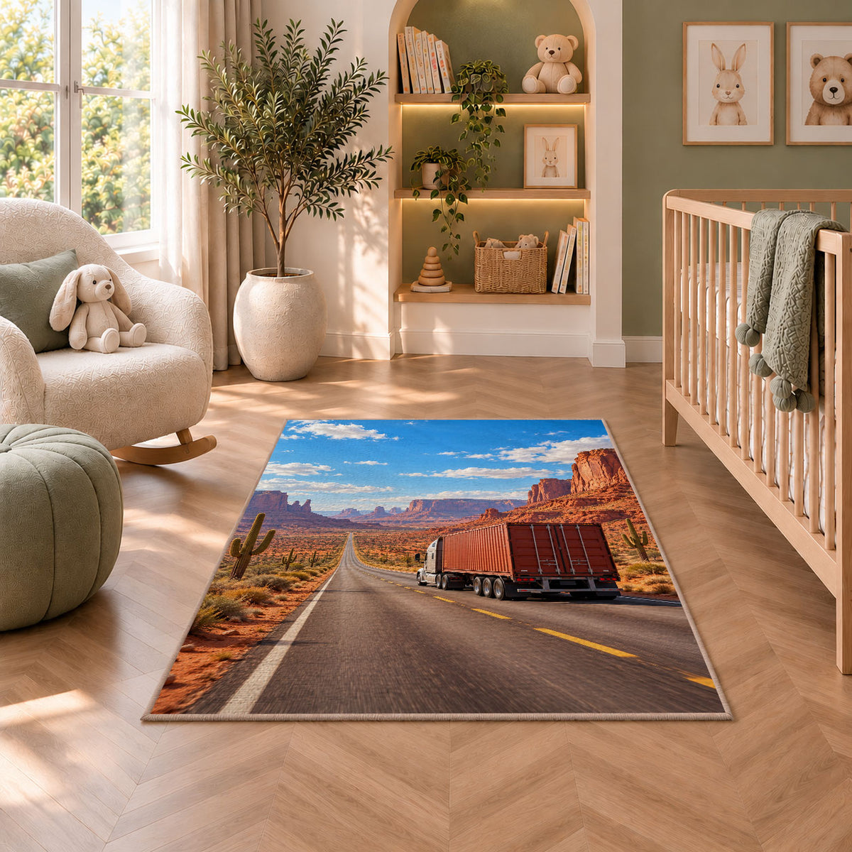 Semi truck on desert highway rug in a nursery with a crib and armchair