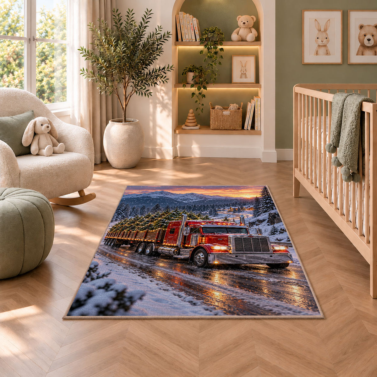 Christmas tree semi truck rug in a nursery with a crib and armchair
