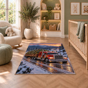 Christmas tree semi truck rug in a nursery with a crib and armchair