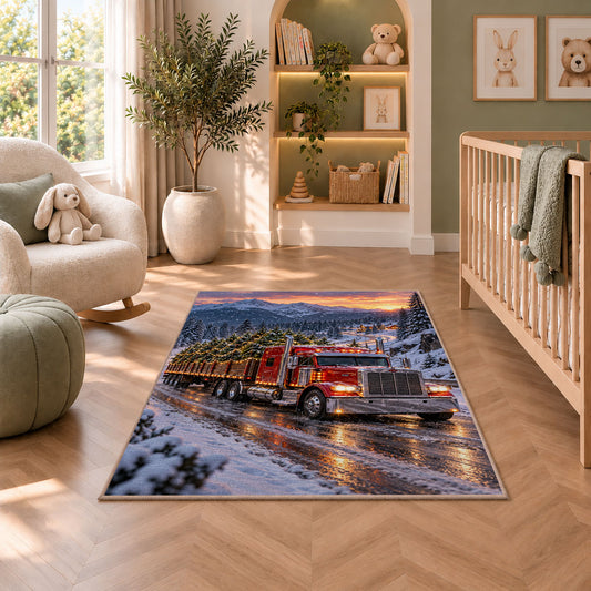 Christmas tree semi truck rug in a nursery with a crib and armchair