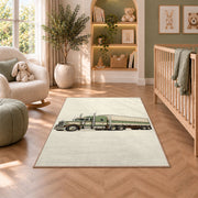 Vintage 1950s truck rug in a nursery with a crib and armchair